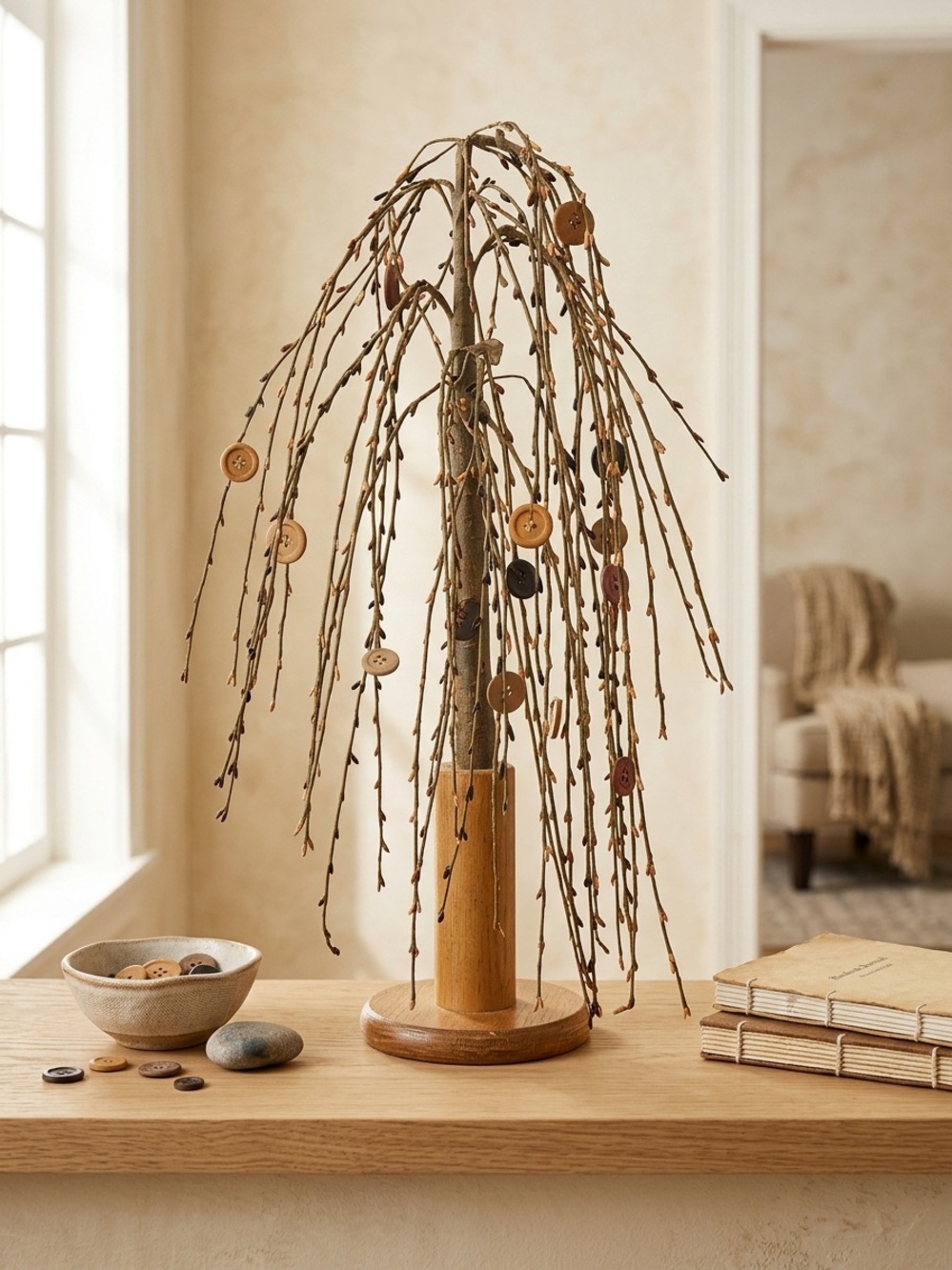Curated Rustic Button Tree Table Decor in Brown